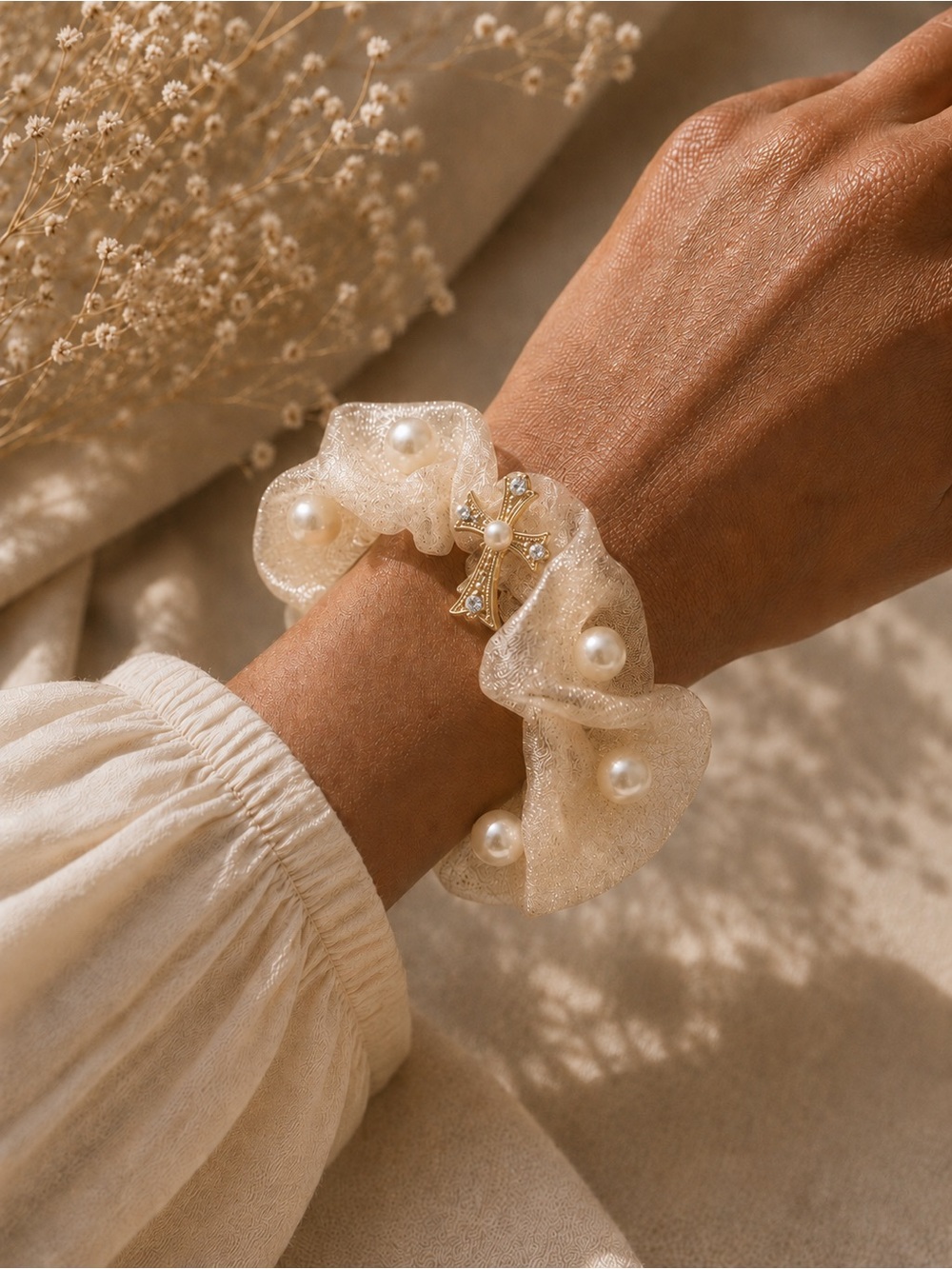 Pearl Accent Champagne Organza Scrunchie Bracelet with Crystal Cross